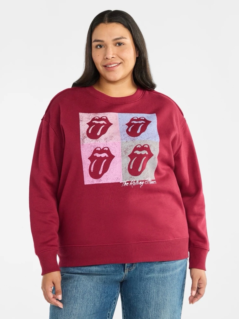 Terra & Sky Women’s Rolling Stones Crewneck Sweatshirt in Color Sparkling Merlot